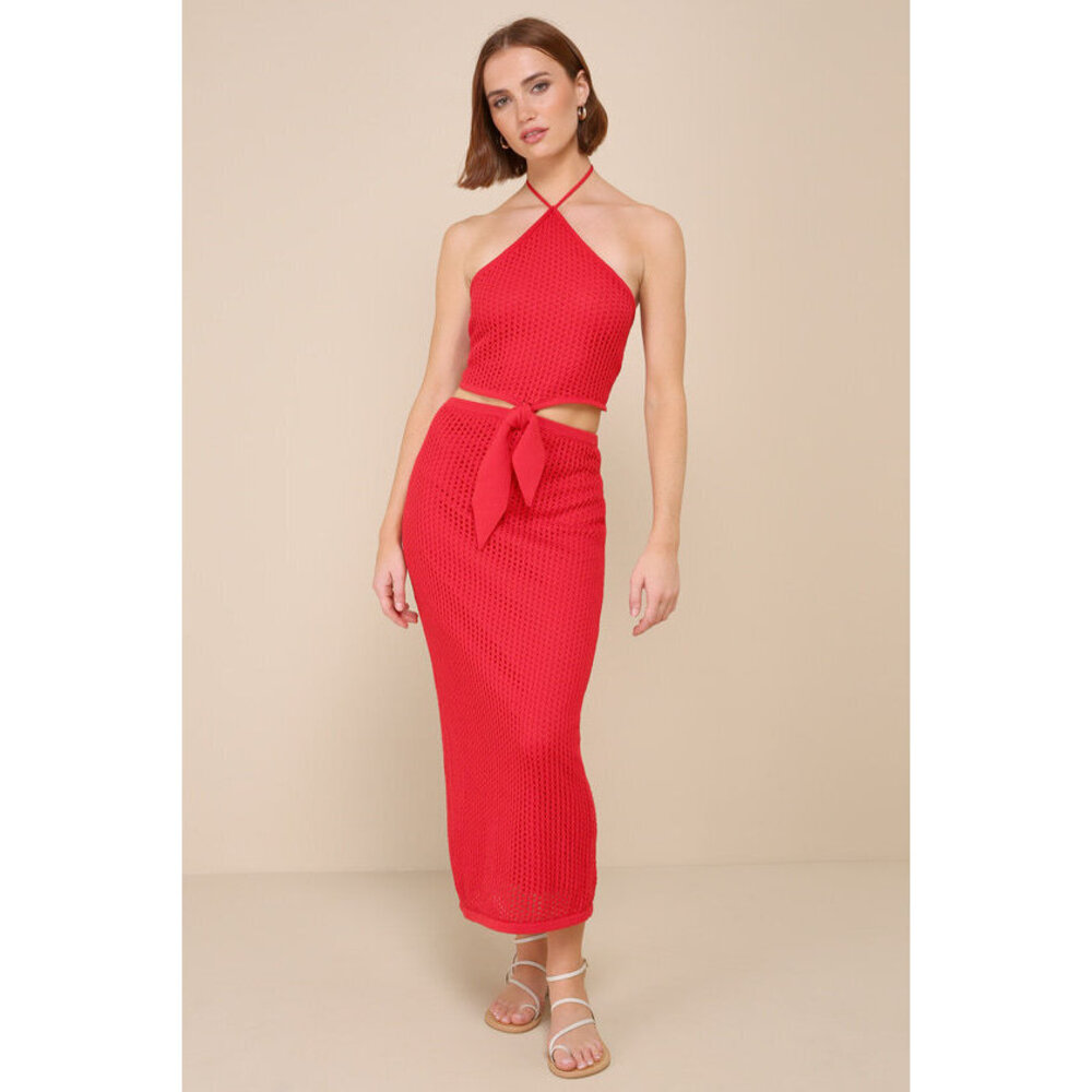 Lulus Sunny Serenity Bright Red Crochet Cutout Halter Midi Dress - Size L